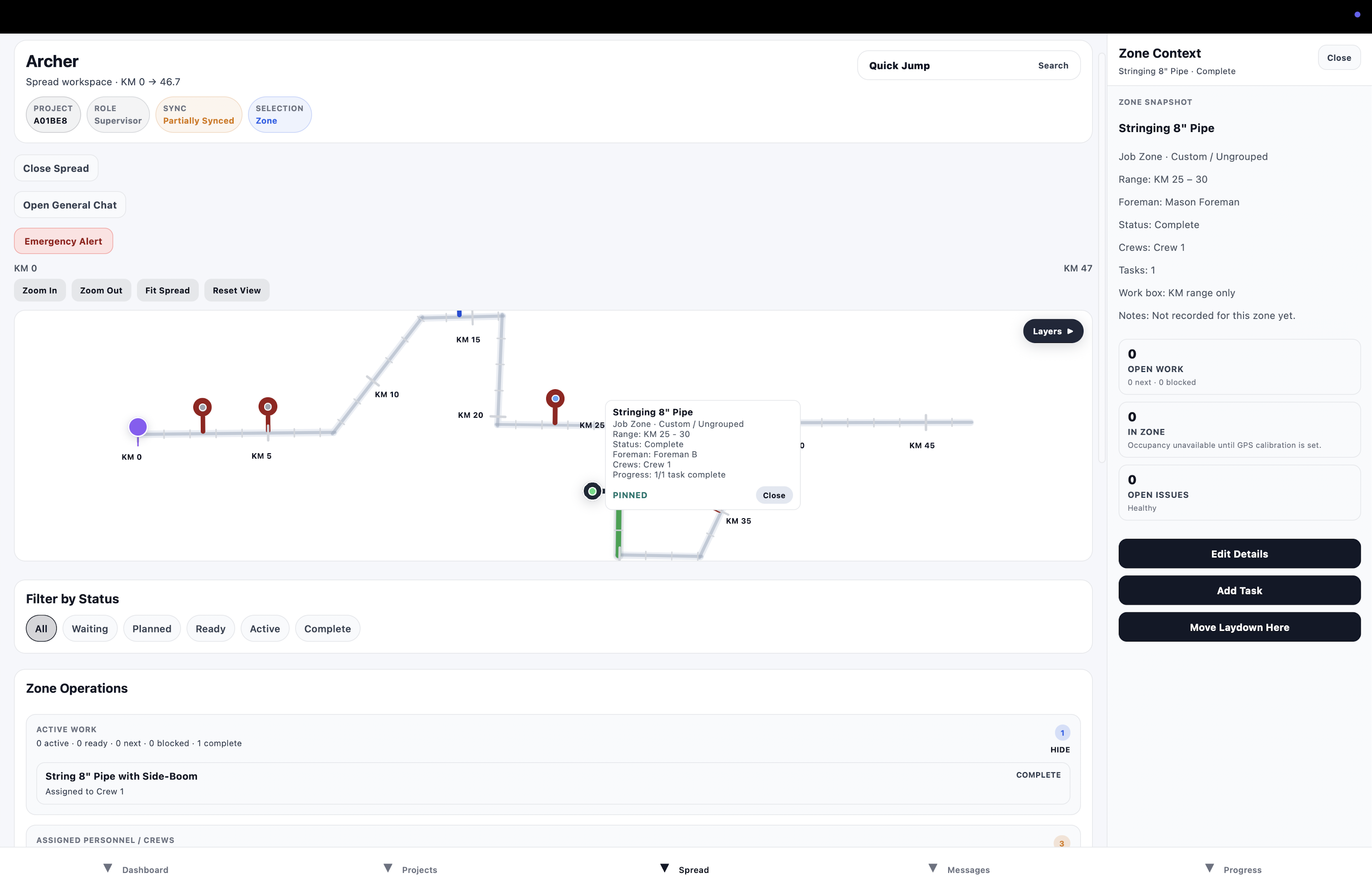 PipeHive zone context showing pipeline work status, crew assignment and element operations.