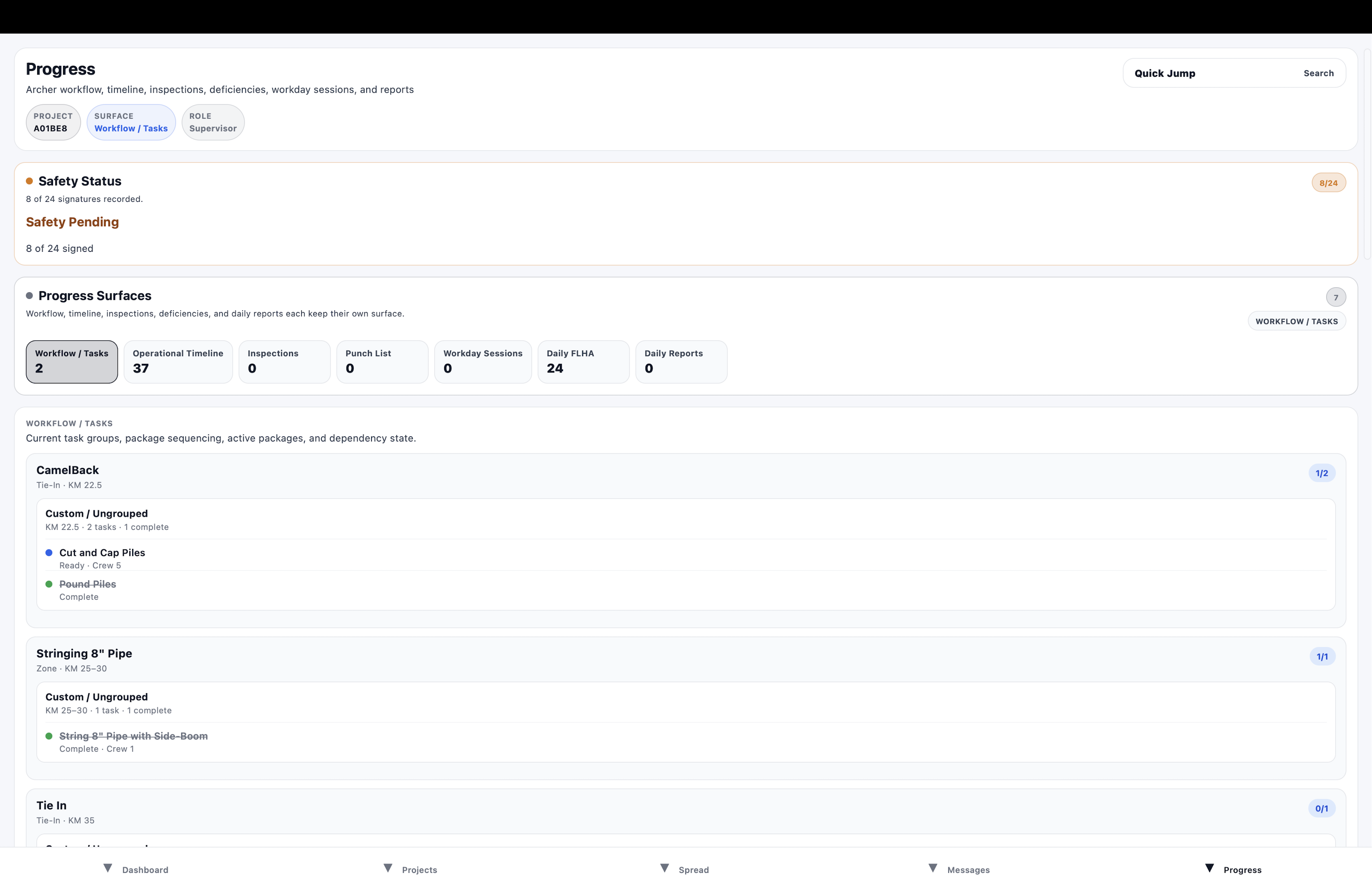 PipeHive project progress screen showing workflow tasks, timeline, inspections, FLHAs and reports.